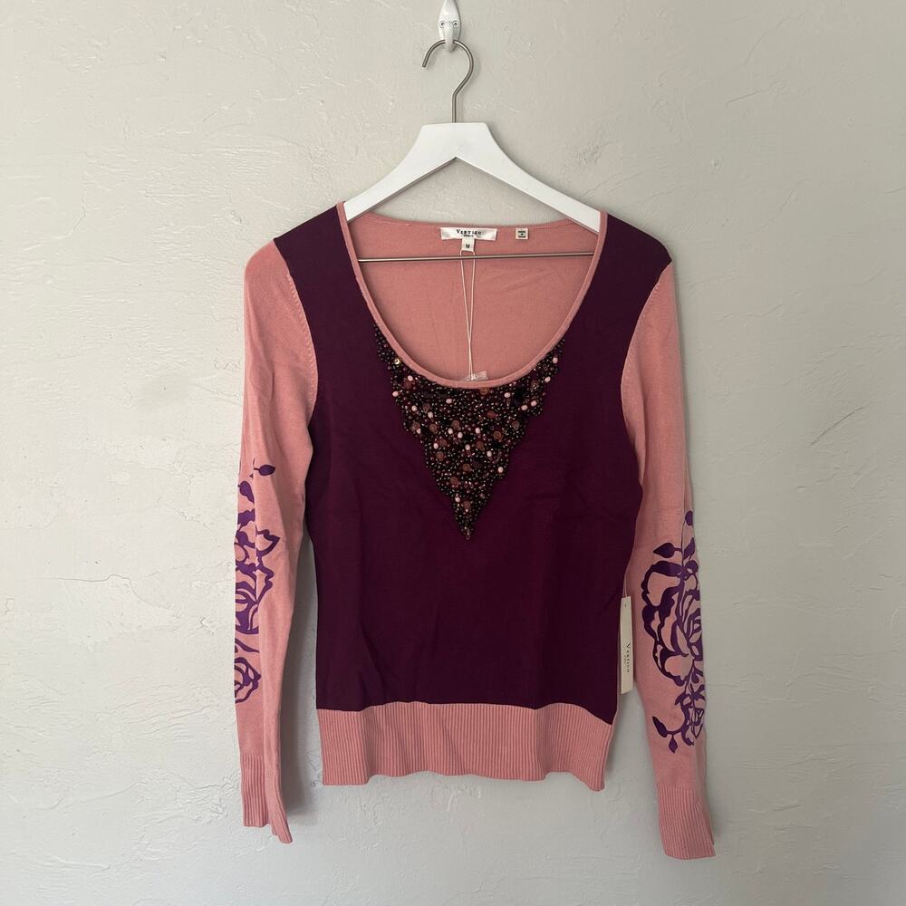 Vertigo Paris Pink Purple Beaded Rose Sweater M NWT Whimsygoth Romantic Y2K Glam